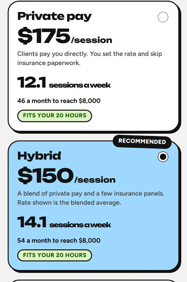Practice Builder step 4, how do you want to get paid: three cards compare private pay, hybrid and in-network rates against your income goal and weekly hours.