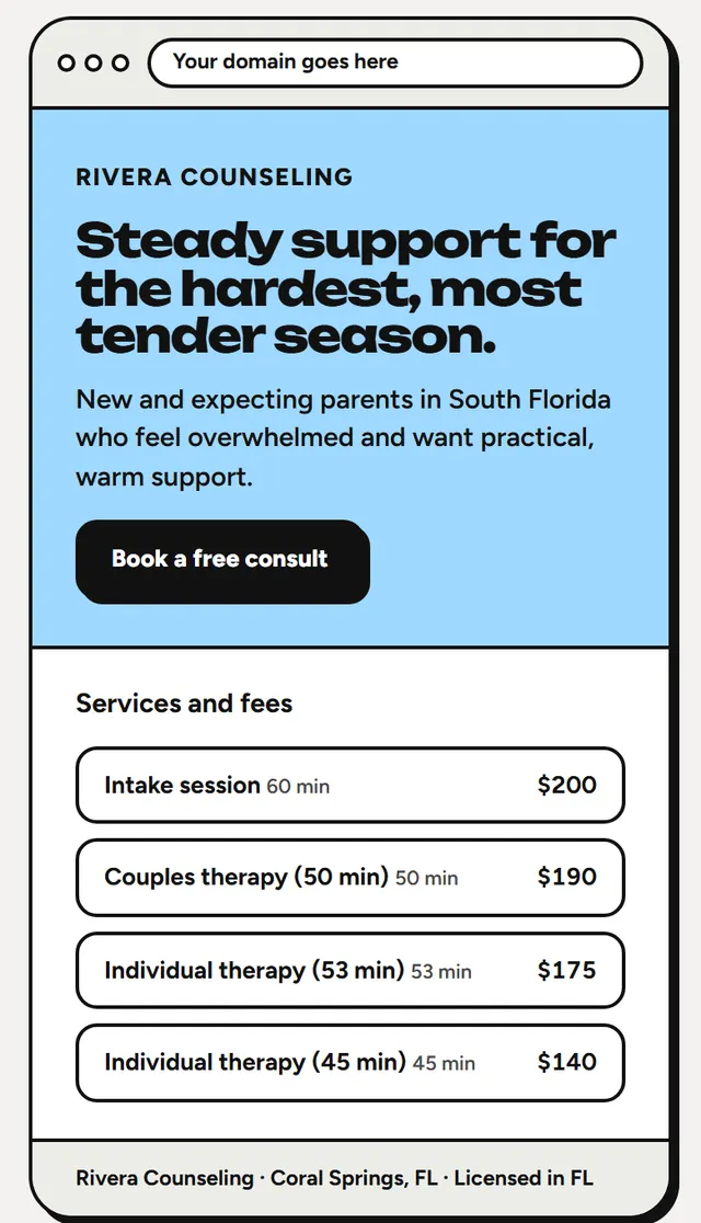 The Grow screen: a preview of a therapist's website with a blue hero and a list of services and fees, beside an SEO checklist where every item passes.