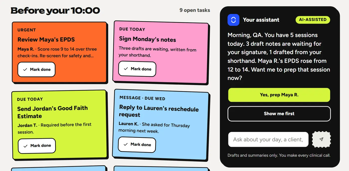 The tasks board under today's sessions: urgent, due today and message cards in color, next to a dark panel with the assistant's morning brief and two reply buttons.